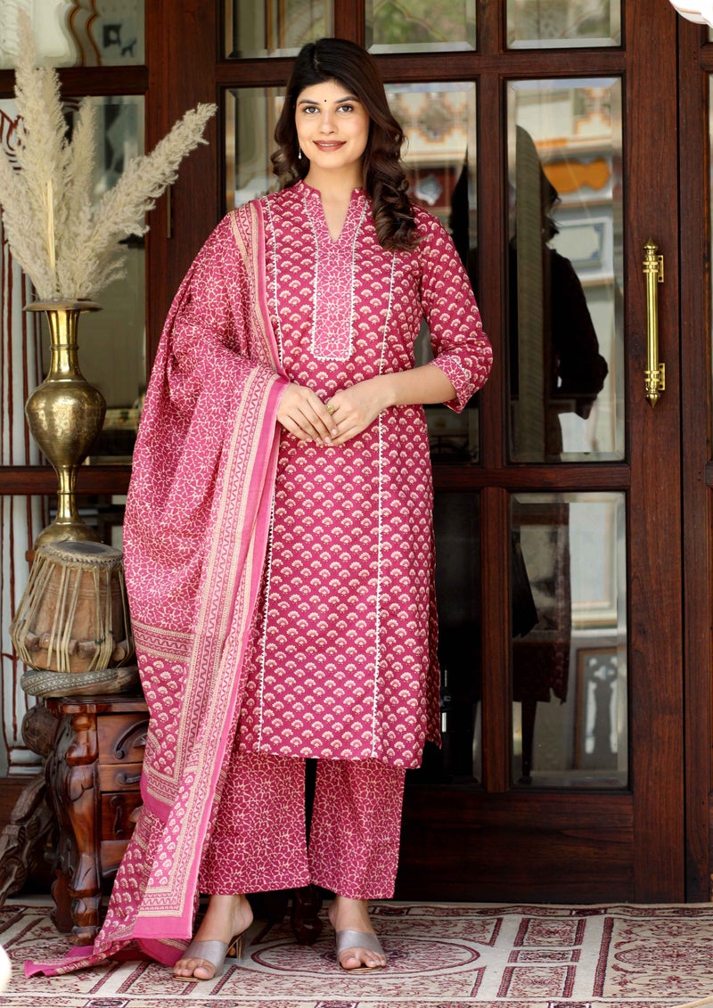 Miravan Women's Pink Cotton Kurta Set for Women - Image 2